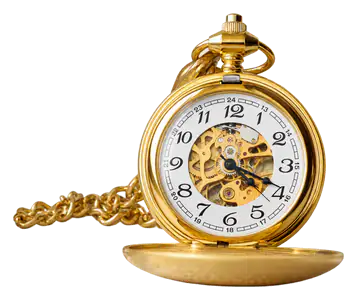 Goldene Taschenuhr mit Kette und sichtbarem Uhrwerk