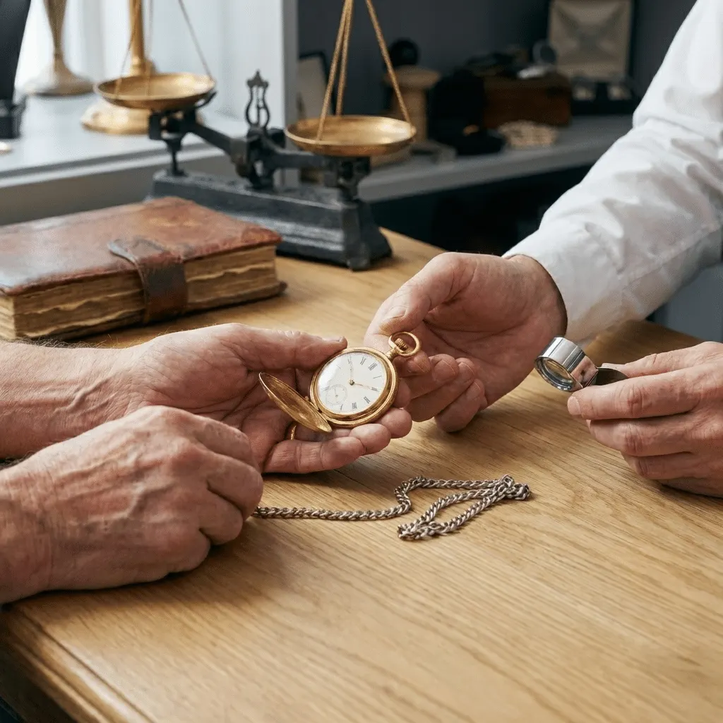 Hände übergeben eine goldene Taschenuhr am Schätztisch mit Waage