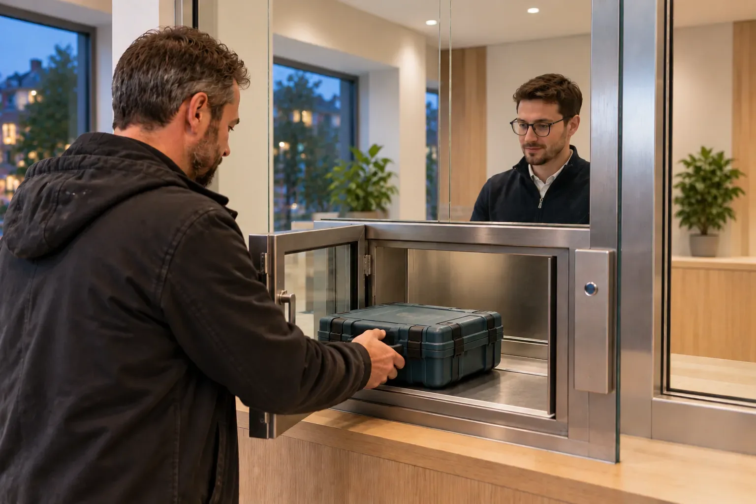 Kunde reicht einen Werkzeugkoffer durch die Durchreiche am Schalter einer Filiale