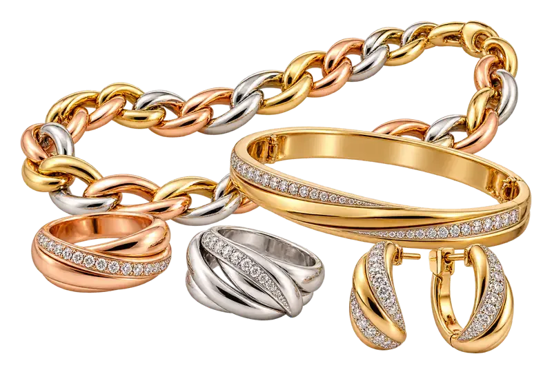 Goldketten, Armreifen und Ringe aus Gelb-, Rosé- und Weißgold