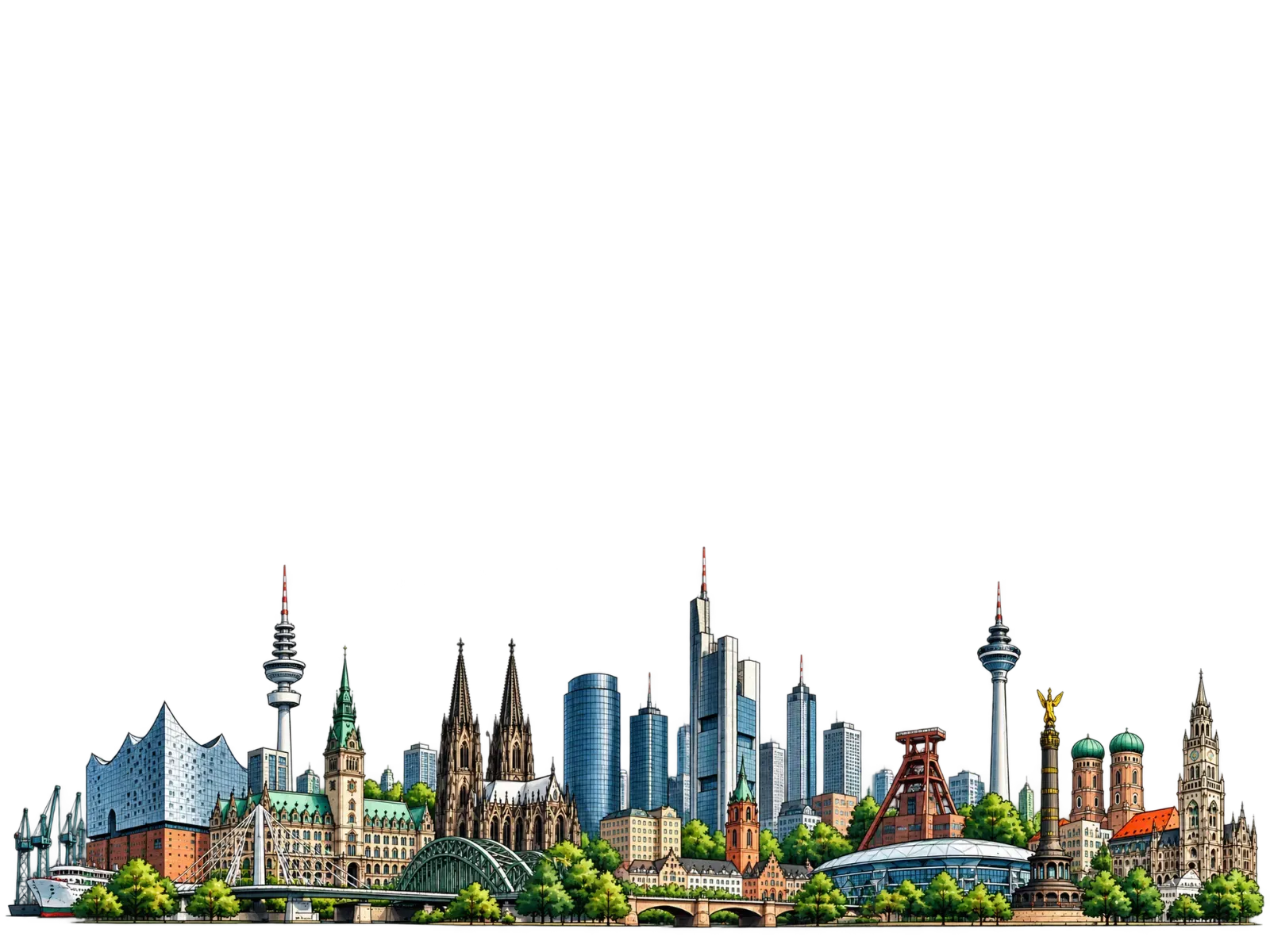 Gezeichnete Skyline mit Wahrzeichen der Städte, in denen Grüne's Leihhäuser Filialen hat