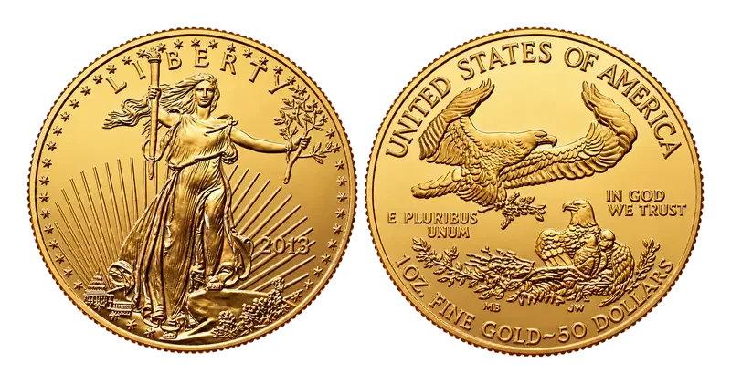 Zwei Goldmünzen American Eagle, Vorder- und Rückseite