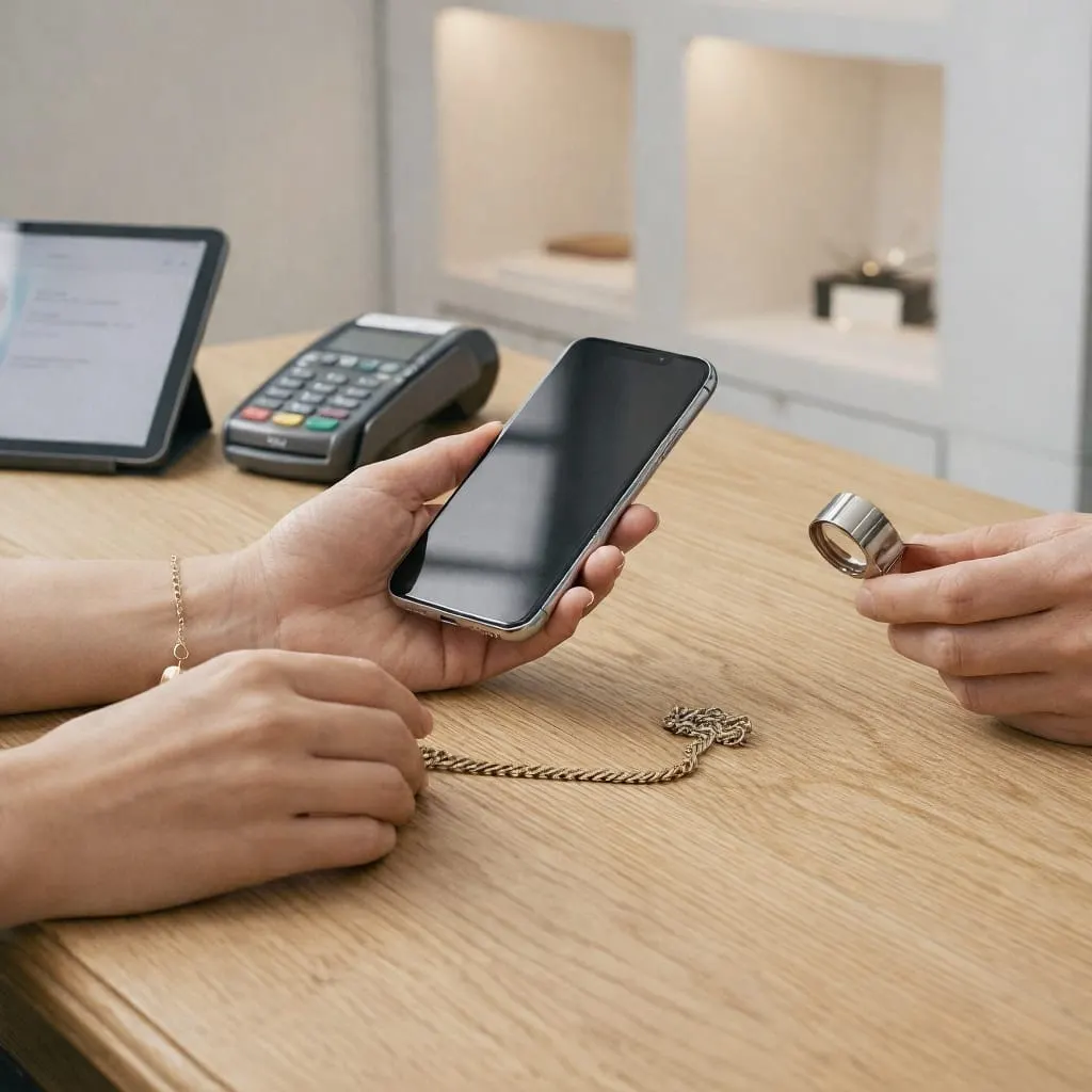 Kundin übergibt ein Smartphone am Tresen im Pfandhaus