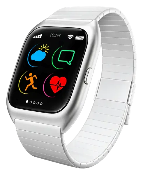 Silberne Smartwatch mit weißem Armband und buntem Display