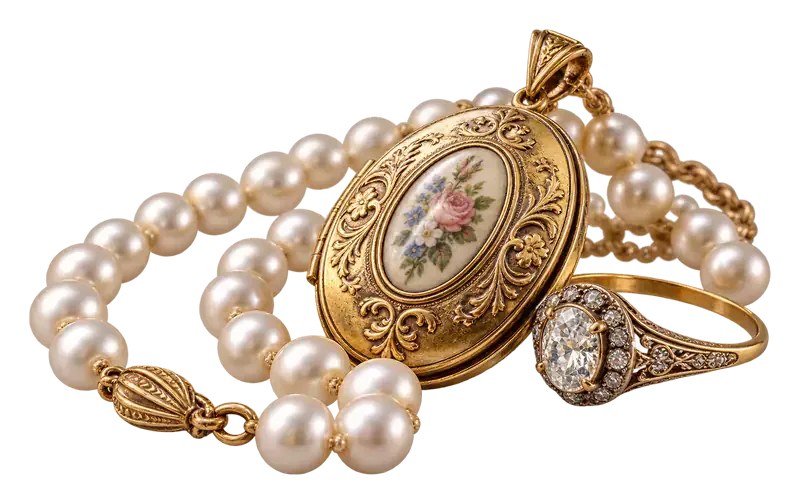 Erbschmuck: Perlenarmband, goldenes Medaillon und Ring